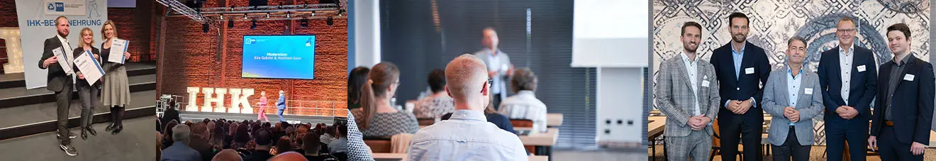 Collage: IHK-Bestenehrung, GOB-Meeting für Altersversorgungseinrichtungen im Van der Valk Düsseldorf