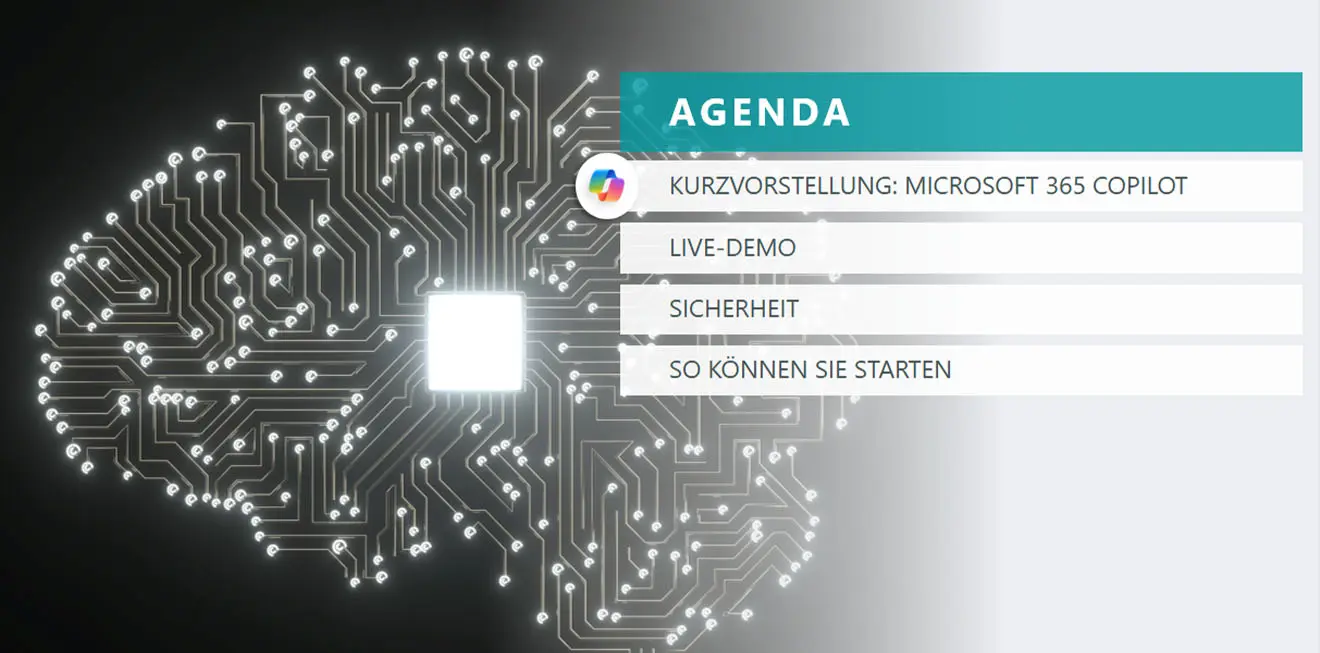 Webinar-Agenda zu Microsoft 365 Copilot: Vorstellung, Sicherheit, Live-Demo und Starthilfe