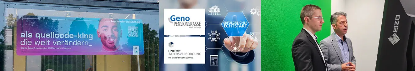 Collage: Seitenscheibenplakat mit Quellcode-King, Echtstart Geno Pensionskasse VVaG Karlsruhe