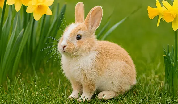 Ostern 2025: Kaninchen auf Frühlingswiese Hellbraunes Kaninchen sitzt auf Frühlingswiese zwischen gelben Osterglocken und blickt nach links.