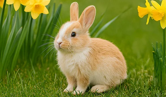 Hellbraunes Kaninchen sitzt auf Frühlingswiese zwischen gelben Osterglocken und blickt nach links.
