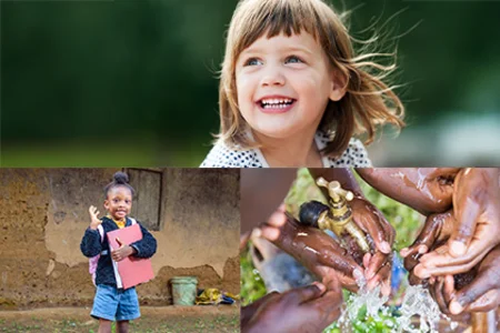 Fundraising-Software für Stiftungen & Spendenorganisationen – mit unitop Bildcollage: Kinderporträt; Kind mit Mappe; Hände am Trinkwasserhahn – Symbol für Spendenprojekte.