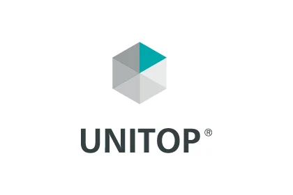 Logo von UNITOP®: schwarzer Schriftzug und geometrisches Würfel-Symbol in Grau und Türkis.