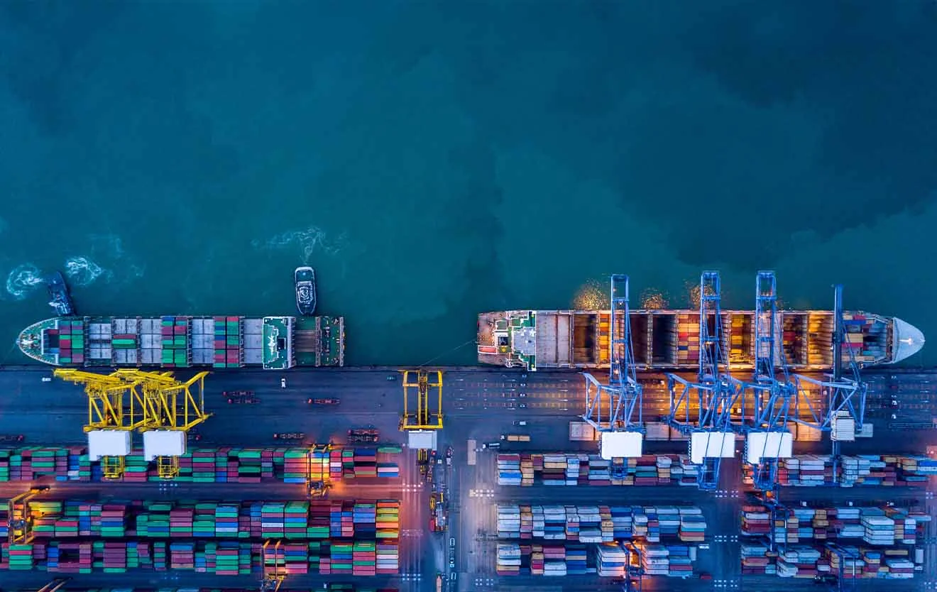 Aerial view of a container port with cargo ships, cranes and stacked containers.