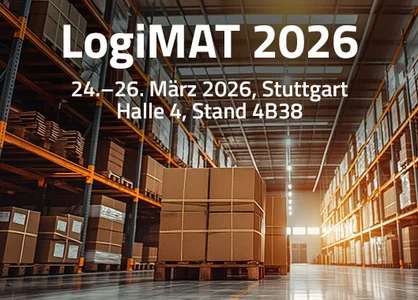 Besuchen Sie uns auf der LogiMAT 2026 in Stuttgart – Halle 4, Stand 4B38 Lagerhalle mit Regalen; besuchen Sie uns auf der LogiMAT 2026 in Stuttgart – Halle 4, Stand 4B38.