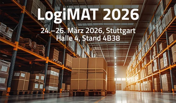 Besuchen Sie uns auf der LogiMAT 2026 in Stuttgart – Halle 4, Stand 4B38 Lagerhalle mit Regalen; besuchen Sie uns auf der LogiMAT 2026 in Stuttgart – Halle 4, Stand 4B38.