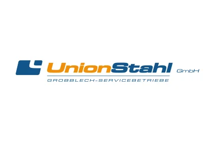 Logo „UnionStahl GmbH“ in Blau und Orange mit Zusatz „GROBBLECH-SERVICEBETRIEBE“, klar gesetzt.