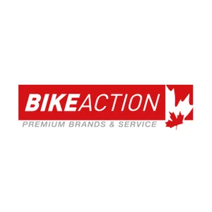 Logo von BIKEACTION – Premium Brands & Service Logo von BIKEACTION mit rotem Schriftzug und Ahornblatt, Claim „Premium Brands & Service“.