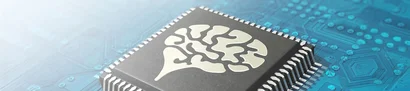 Visualisation of the AI add-on for unitop: stylised chip with brain structure on blue circuit board
