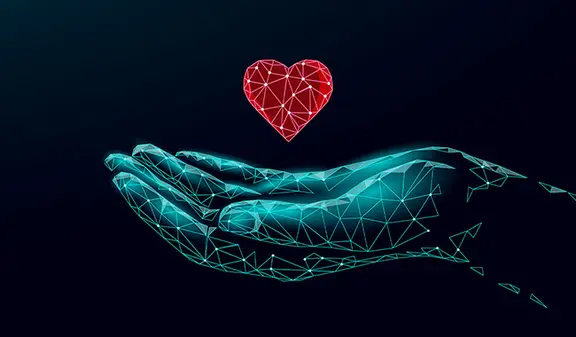 Stilisierte digitale Hand, die ein leuchtendes, polygonales Herz hält, vor dunklem Hintergrund. Es symbolisiert das Fundraising