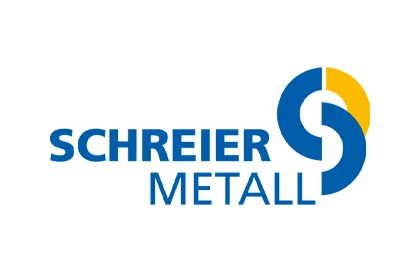 Logo „SCHREIER METALL“ in Blau; rechts rundes S-Signet in Blau mit gelbem Segment auf Weiß.