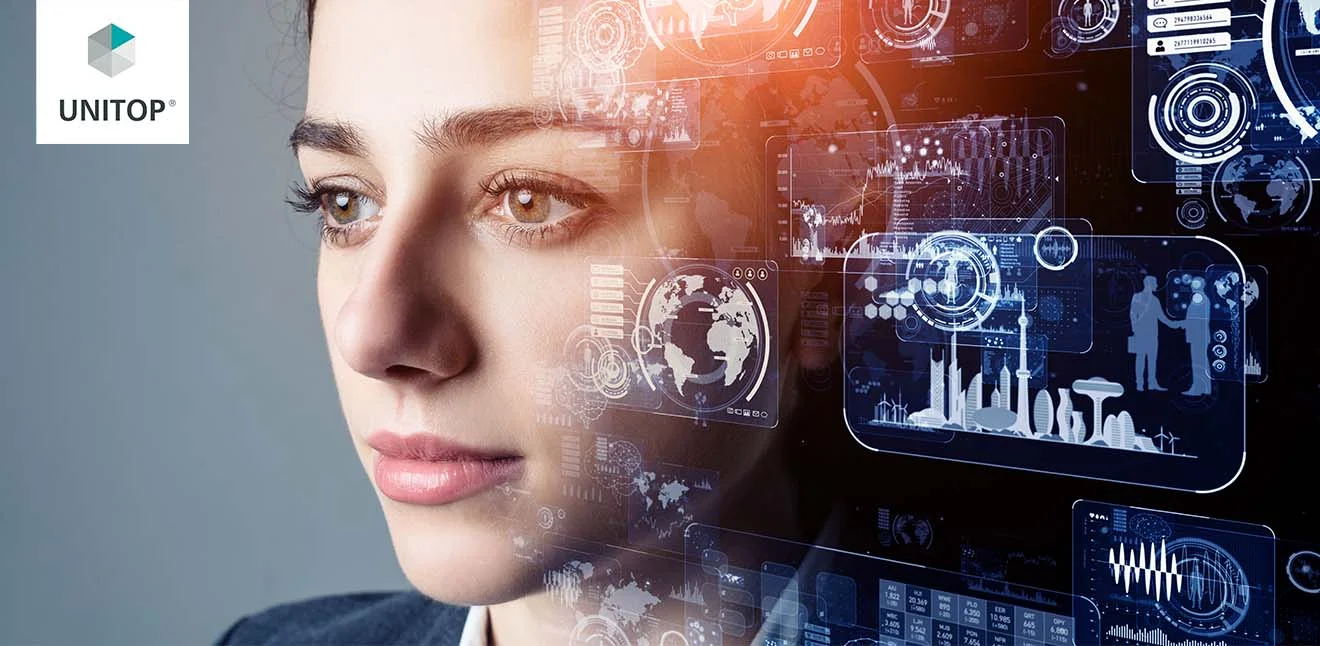 Business Intelligence mit unitop BI Frau mit digitalen Dashboards & Business-Intelligence-Datenvisualisierungen; unitop-Logo oben links