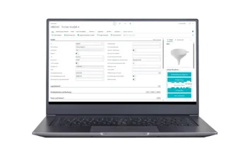 Item card "MB0040. Funnel Model A"; image (right), unitop DropZone, focus on material certificate.