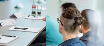 Collage mit Blick auf vorbereitete Plätze und auf Azubis von hinten während der Begrüßung bei GOB