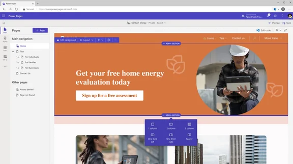 Power Pages in Aktion Power Pages-Bearbeitung mit Slogan 'Get your free home energy evaluation today' & Anmeldebutton