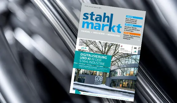 stahlmarkt-Titelseite mit GOB-Beitrag Digitalisierung & KI in in Stahlindustrie vor Stahlhintergrund