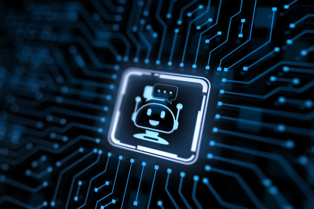 A glowing chatbot symbol in the midst of digital networking and AI-supported systems.
