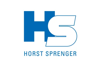Horst Sprenger: logo Blue "HS" logo with white S; word mark ‘HORST SPRENGER’ in capital letters below, on white.