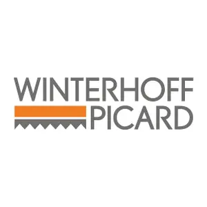 Logo der Winterhoff Picard GmbH mit grauer Schrift und orange-grauem Balken mit Zacken
