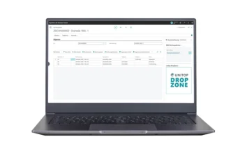 Zeichnungskarte „ZEICHN000002 · Drehteile 1905‑1“ mit Revisionsliste und Kachel „UNITOP DROP ZONE“.