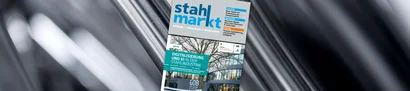 stahlmarkt Januar/Februar 2025: Titelseite | 1905 x 425 Pixel stahlmarkt-Titelseite mit GOB-Beitrag Digitalisierung & KI in in Stahlindustrie vor Stahlhintergrund