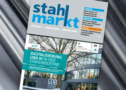 stahlmarkt-Titelseite mit GOB-Beitrag Digitalisierung & KI in in Stahlindustrie vor Stahlhintergrund