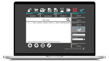 POS-Oberfläche mit Barcode-Eingabefeld, Artikelliste und Auswahl der Zahlungsart für den Barverkauf