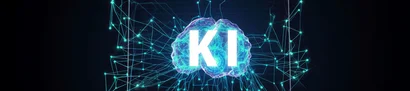 AI basics add-on in unitop | 1905 x 425 Pixel Visualisation of artificial intelligence: glowing AI brain in a laptop on a dark Background