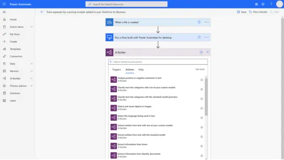 Microsoft Power Automate mit Workflow, der bei Dateierstellung ausgelöst wird & AI-Builder-Aktionen