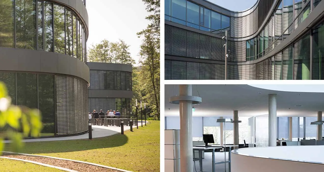 Collage nachhaltige Architektur des GOB-Gebäudes: Jalousien & Frischluft