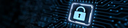 Header image IT security plan: digital lock | 1905 x 425 pixel Symbolic image for IT security plan: digital lock on printed circuit board background