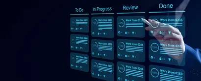 Digitales Kanban-Board mit To Do, In Progress, Review & Done sowie Arbeitspunkten