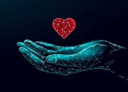 Fundraising Digital 2024 | 1920 x 780 Pixel Türkisfarbene, digital erzeugte Hand mit schwebendem rotem Herz – Symbol für digitales Fundraising