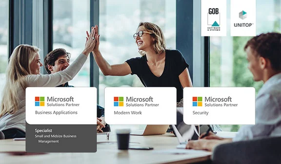 GOB is a Microsoft Solutions Partner in Business Applications, Modern Work and Security. High five with three Microsoft Solutions Partner badges: Business apps, Modern Work, Security.