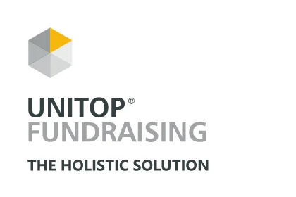 Logo of UNITOP® FUNDRAISING with grey wordmark, cube icon in grey and yellow, tagline below.