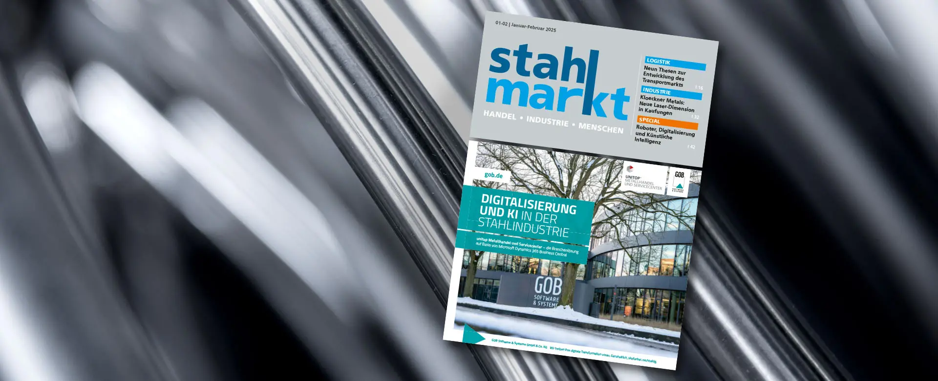 stahlmarkt-Titelseite mit GOB-Beitrag Digitalisierung & KI in in Stahlindustrie vor Stahlhintergrund