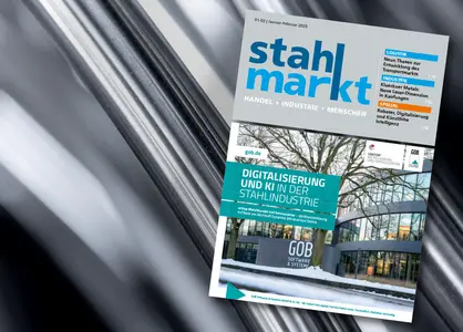 stahlmarkt-Titelseite mit GOB-Beitrag Digitalisierung & KI in in Stahlindustrie vor Stahlhintergrund