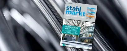 stahlmarkt Januar/Februar 2025: Titelseite stahlmarkt-Titelseite mit GOB-Beitrag Digitalisierung & KI in in Stahlindustrie vor Stahlhintergrund