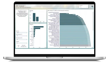 Laptop mit unitop BI-Dashboard zur ABC-Analyse mit Balkendiagrammen und Schwellenwerten.