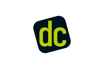 Logo of dc AG with light green letters ‘dc’ on a black, slanted background