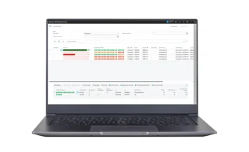 Laptop displays work list with filter bar; coloured progress bars and tables.