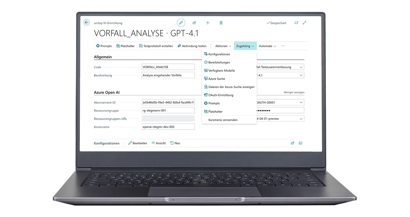 Screenshot einer unitop-Funktion mit Add-on KI Basis: Konfiguration zur Vorfallanalyse mit GPT-4.1