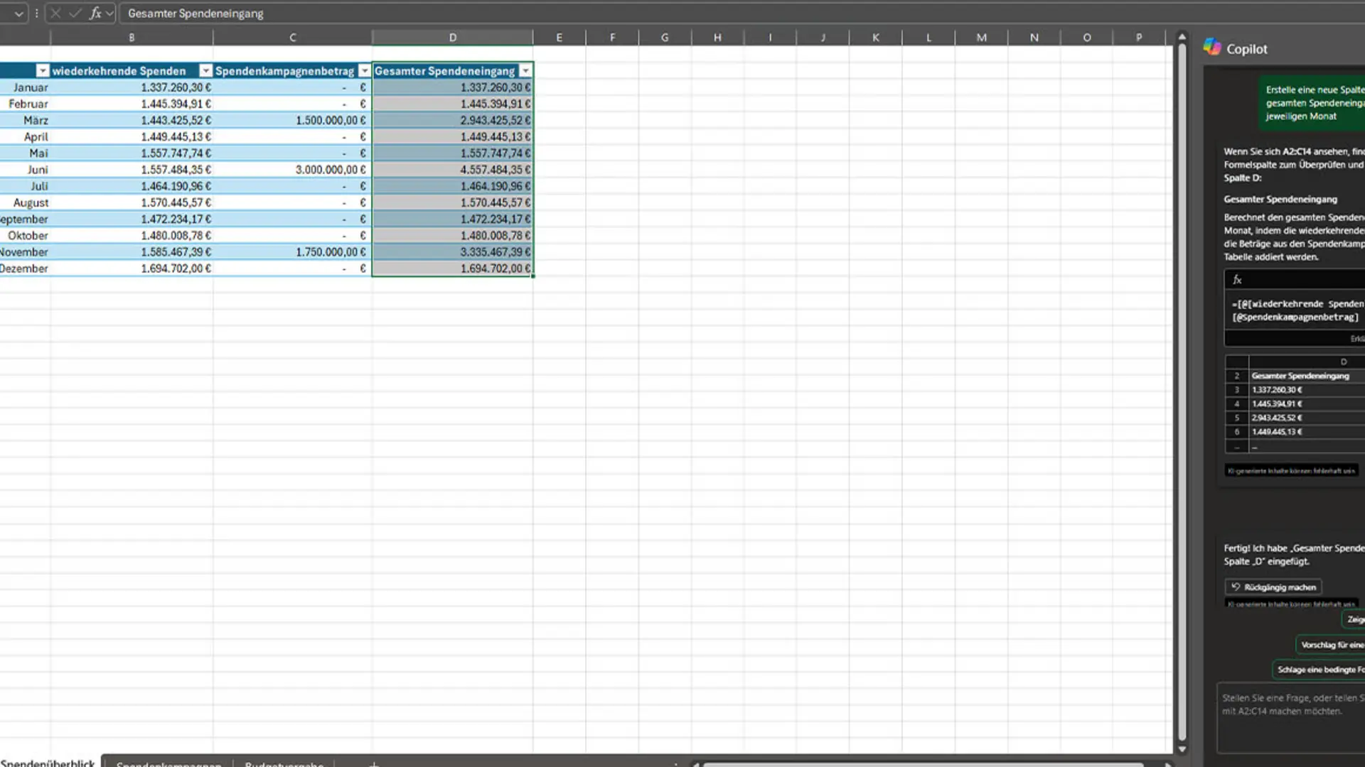 Microsoft 365 Copilot erstellt eine Excel-Spaltenformel zur Berechnung des gesamten Spendeneingangs