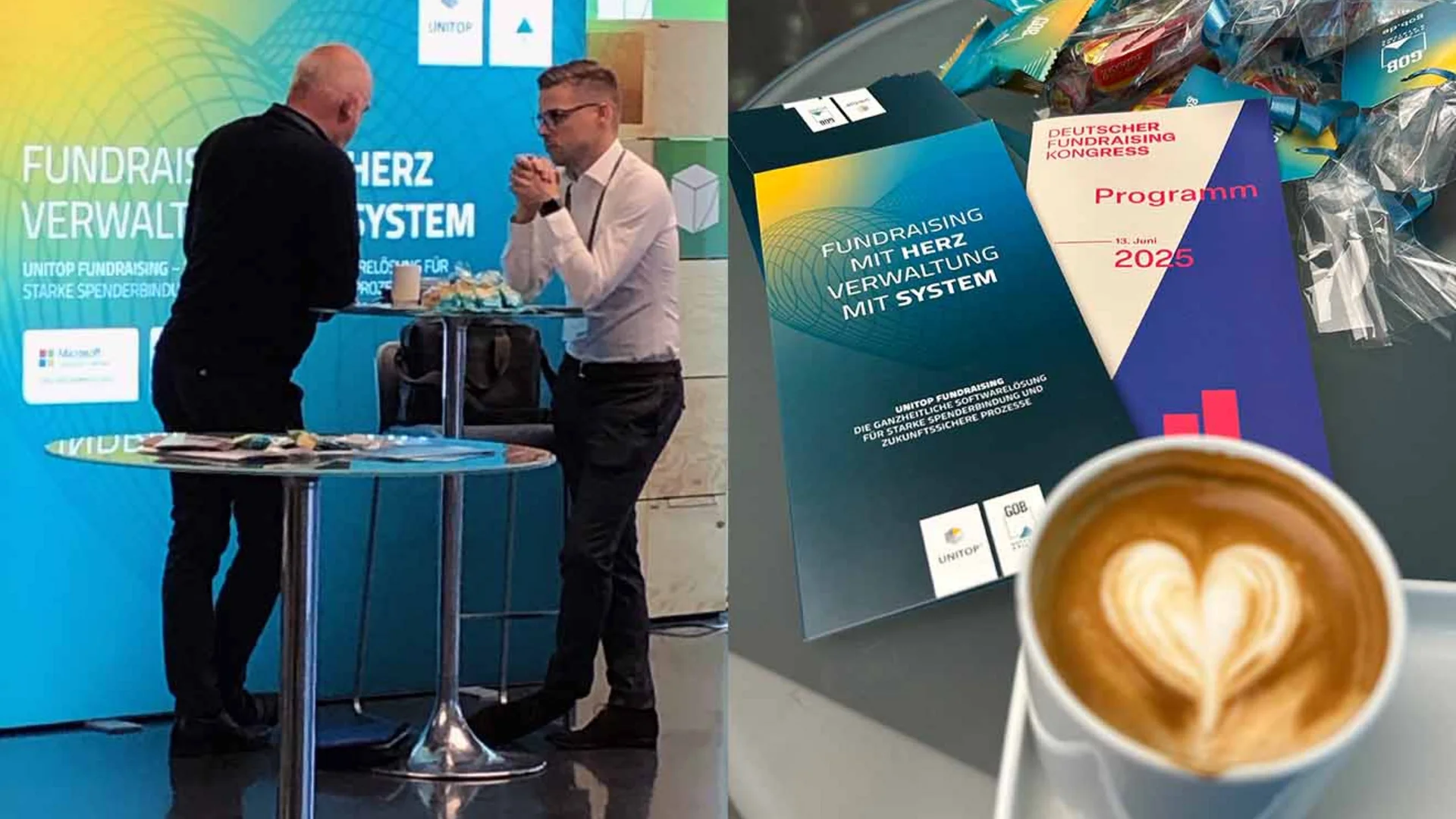GOB-Mitarbeiter im Gespräch am DFK-Stand, daneben Flyer, Give-aways und Kaffee mit Herzmotiv