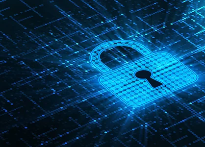 Mit der GOB Security Journey zu mehr IT-Sicherheit Digitales Vorhängeschloss auf einem Netzwerk als Symbol für IT-Sicherheit.