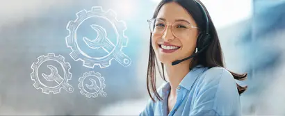 Smiling support employee with headset, assisting customers, cogwheel symbols for technical support.