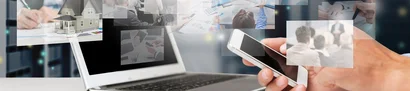 Press images hover over smartphones and laptops | 1905 x 425 pixel Person checks press photos from the business world on Smartphone