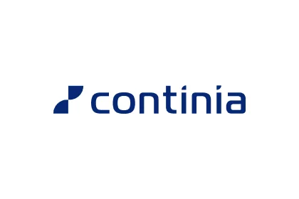 Continia: Logo Logo von Continia mit dunkelblauer Wortmarke und stilisiertem Symbol auf weißem Hintergrund
