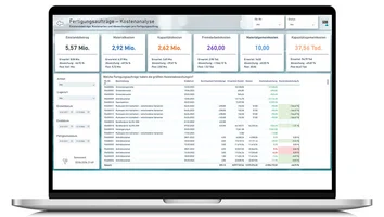Laptop mit unitop BI-Dashboard zur Kostenanalyse von Fertigungsaufträgen.