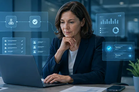 Copilot in Business Central nutzen (KI-generiert) Frau am Laptop mit digitalen Prozess- und Analyseanzeigen im Büro. (KI-generiert)